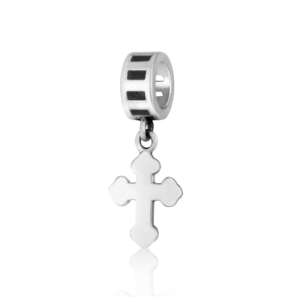 Slim budded (trefoil) cross hanging charm in 925 sterling silver with black enamel banded ring by Marina Jewelry