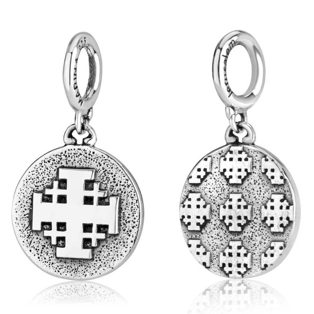 Round Jerusalem Cross coin hanging charm in sterling silver by Marina Jewelry