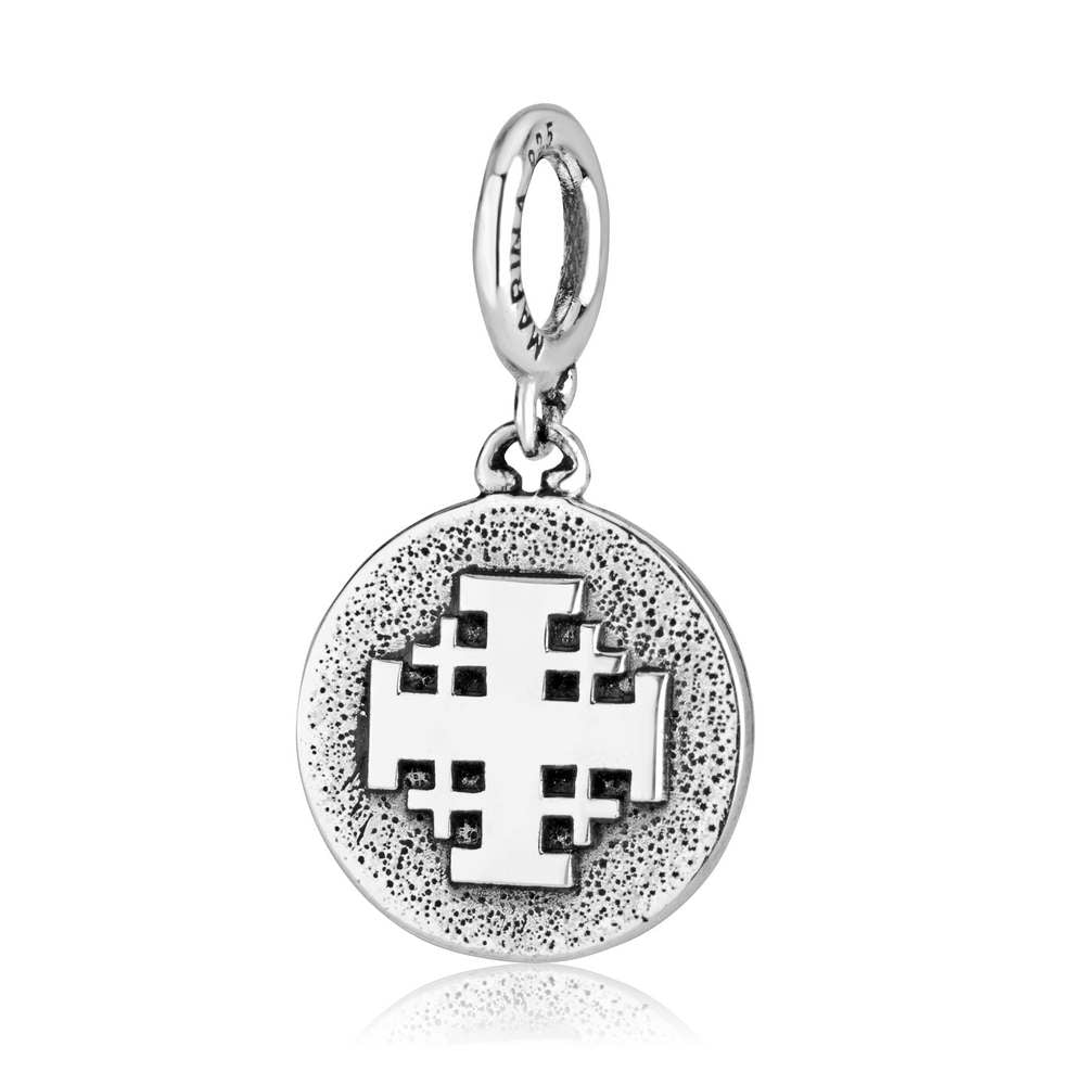 Jerusalem Cross Coin Hanging Charm in 925 Sterling Silver, view 2 by Marina Jewelry
