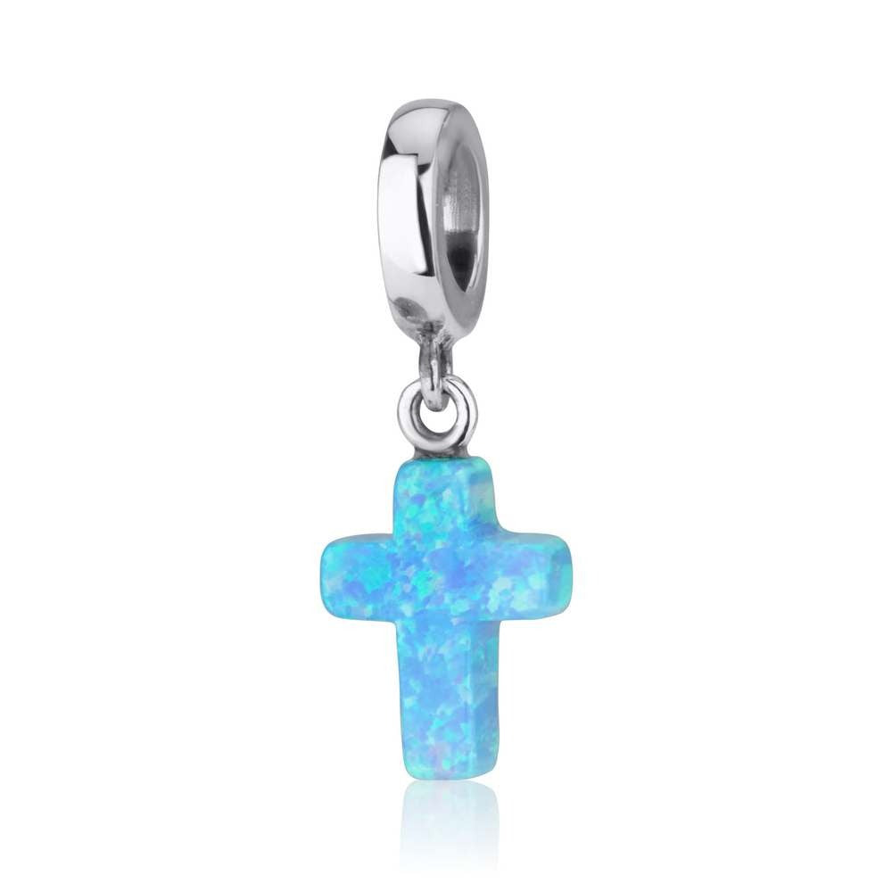Blue opal cross hanging charm on sterling silver loop by Marina Jewelry