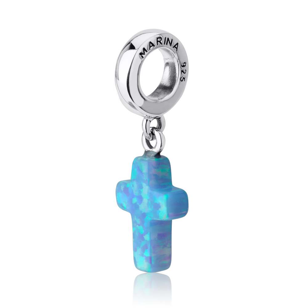 Blue Opal Cross Hanging Charm in 925 Sterling Silver, view 2 by Marina Jewelry