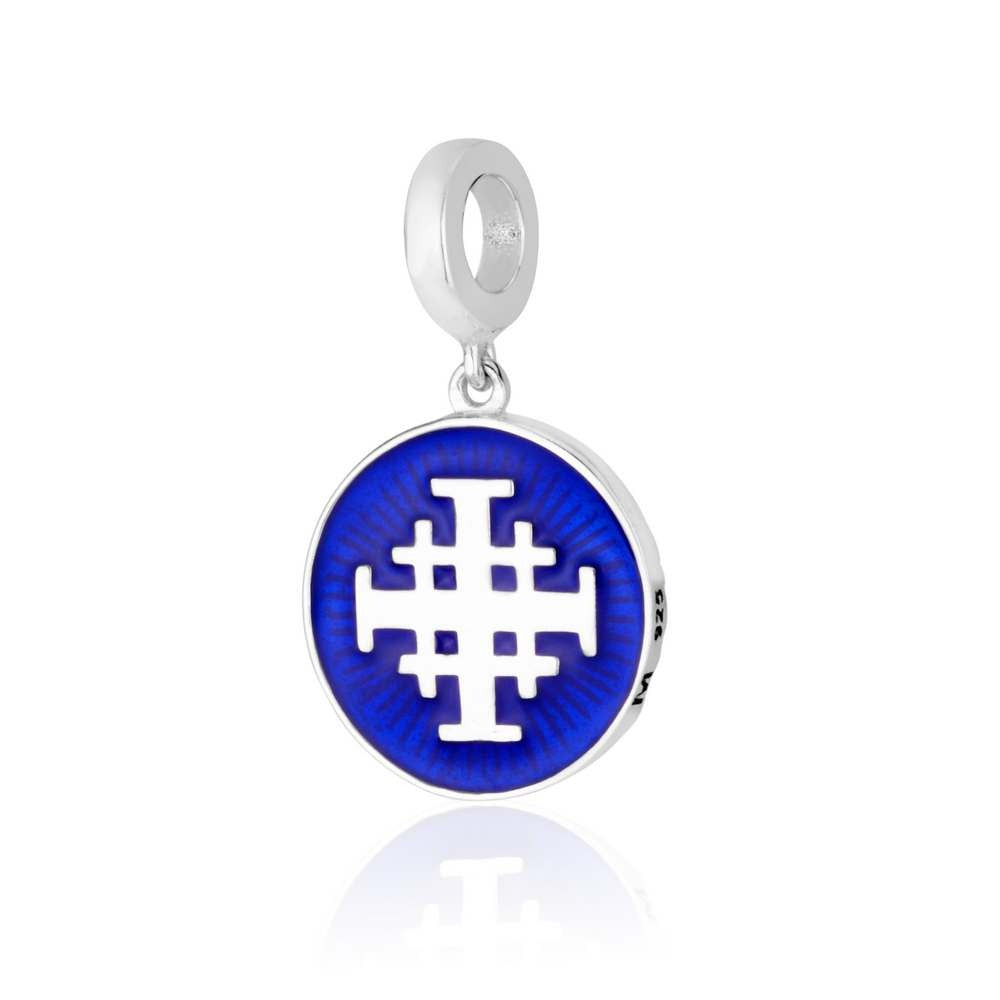 Blue enamel disc hanging charm with silver Jerusalem Cross by Marina Jewelry