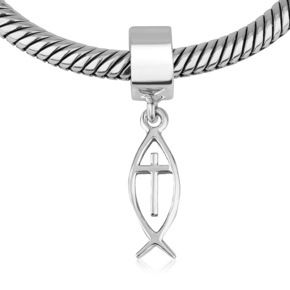 Ichthus fish and cross hanging charm in 925 sterling silver by Marina Jewelry
