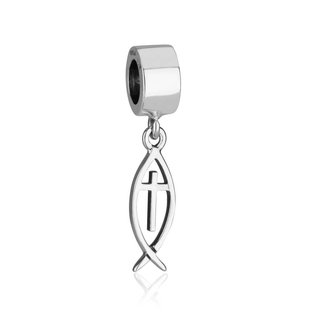Ichthus fish and cross hanging charm in 925 sterling silver by Marina Jewelry