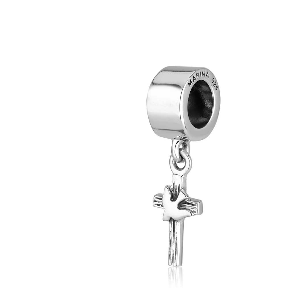 Dove and Cross Hanging Charm in 925 Sterling Silver, view 2 by Marina Jewelry
