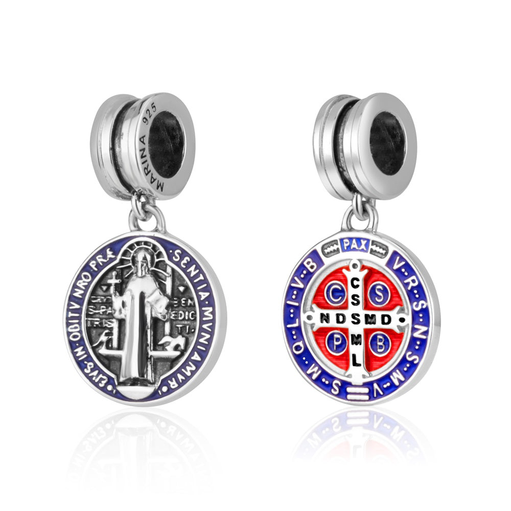 Saint Benedict medal charm in blue and red enamel, 925 sterling silver, by Marina Jewelry