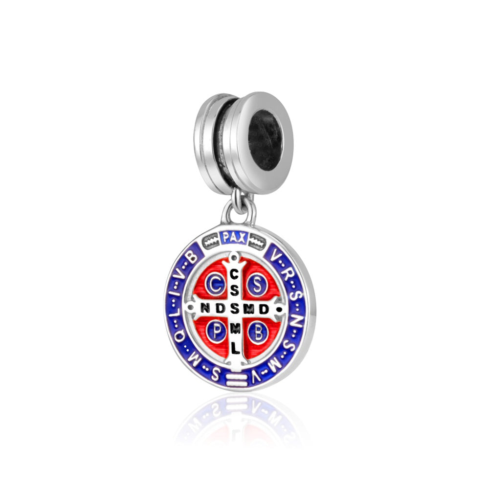 Saint Benedict Medal Charm in 925 Sterling Silver, Blue & Red Enamel – back view