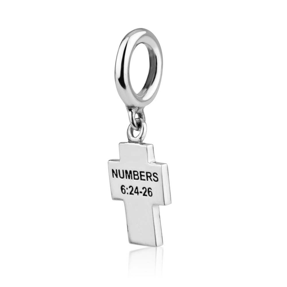 The Lord Bless You and Keep You Cross Charm in 925 Sterling Silver, view 2 by Marina Jewelry