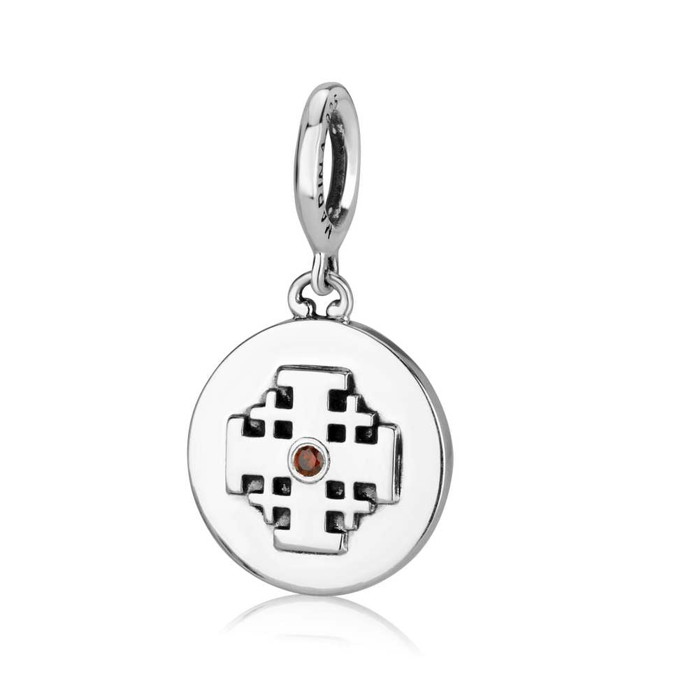 Jerusalem Cross Coin Hanging Charm in 925 Sterling Silver with Red Stone, view 3 by Marina Jewelry