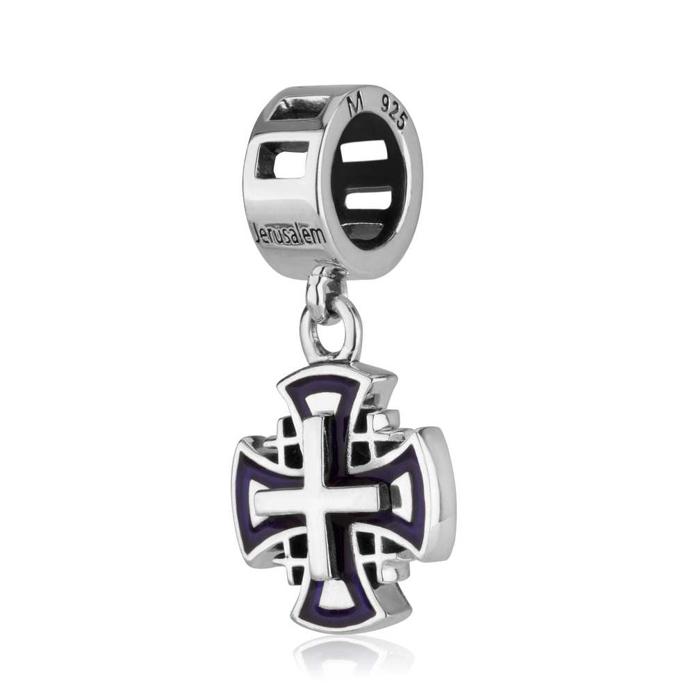 Jerusalem Cross Hanging Charm in 925 Sterling Silver with Blue Enamel Outline, view 2 by Marina Jewelry