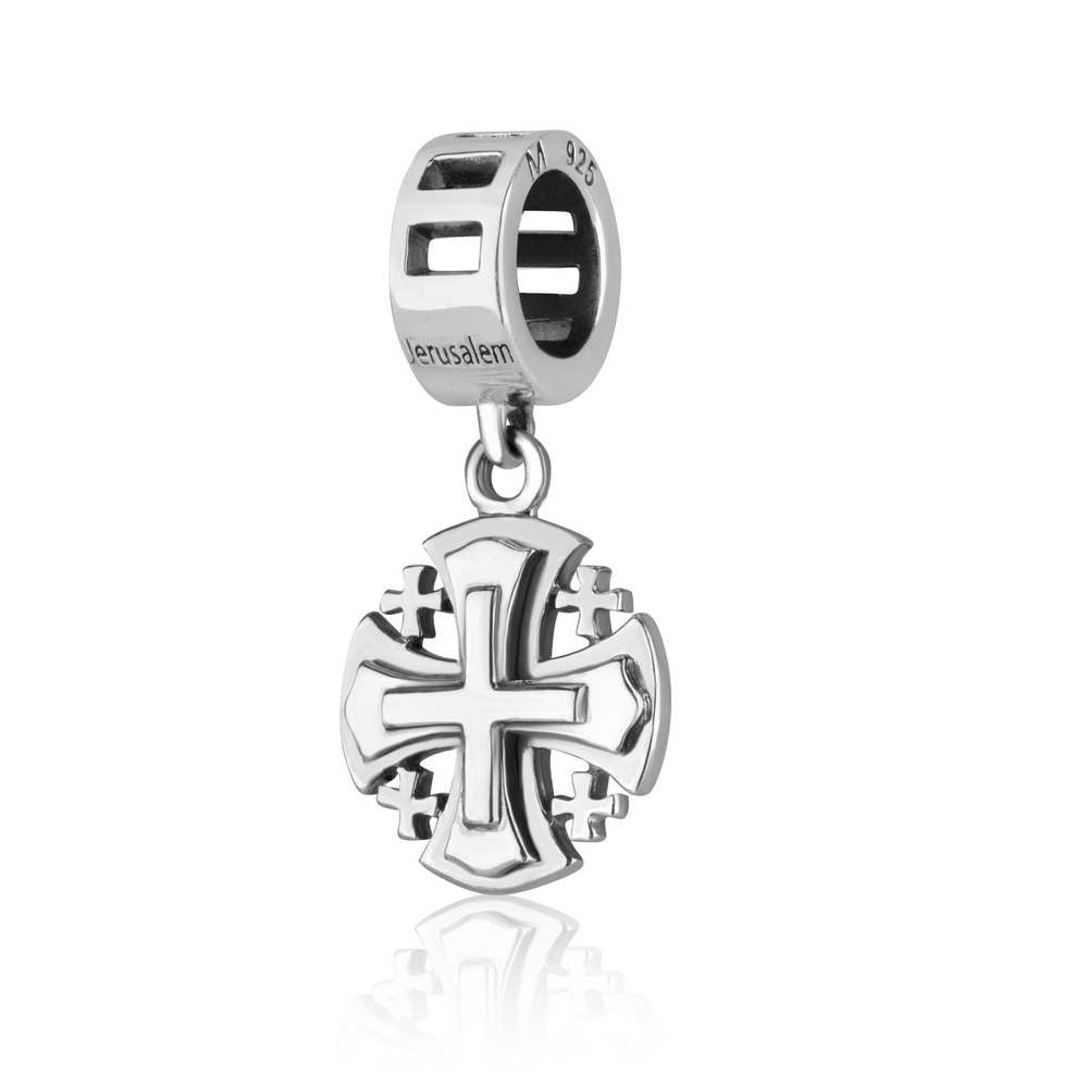 Flared Jerusalem Cross charm on open engraved bead by Marina Jewelry