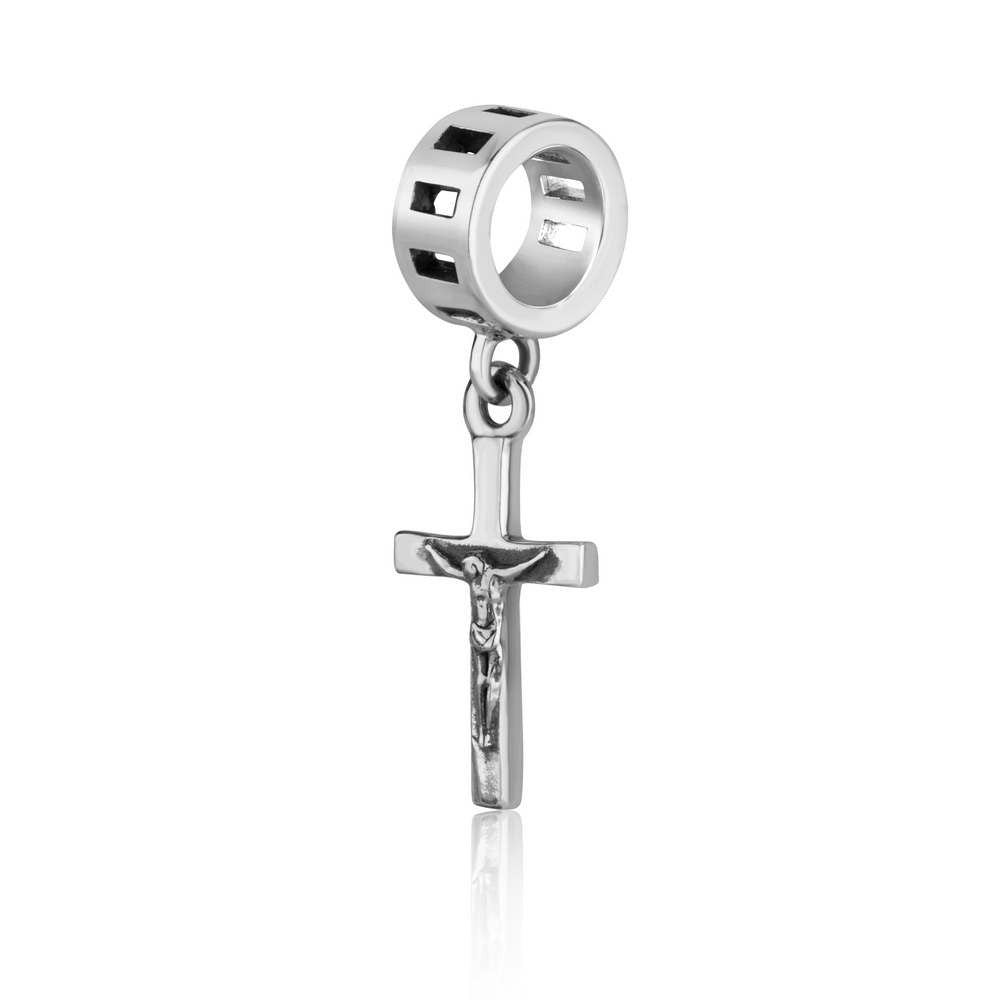 Slim crucifix hanging charm with figure of Christ in sterling silver by Marina Jewelry
