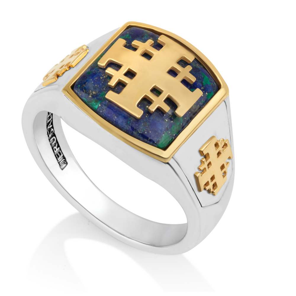 Gold-plated Jerusalem Cross signet ring with Eilat Stone in 925 sterling silver, studio view