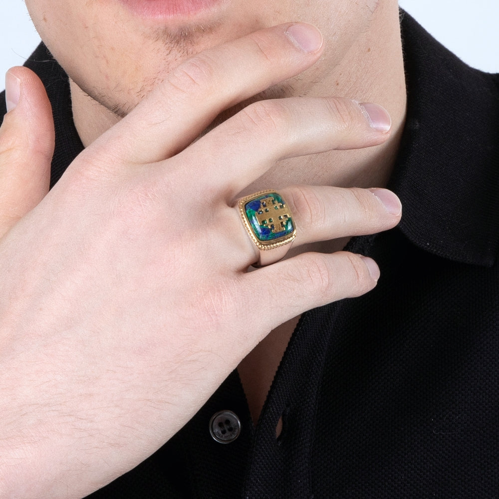 Men's Jerusalem Cross Signet Ring in 925 Sterling Silver with Eilat Stone, Gold-Plated Cross and Rope Frame, view 2 by Marina Jewelry