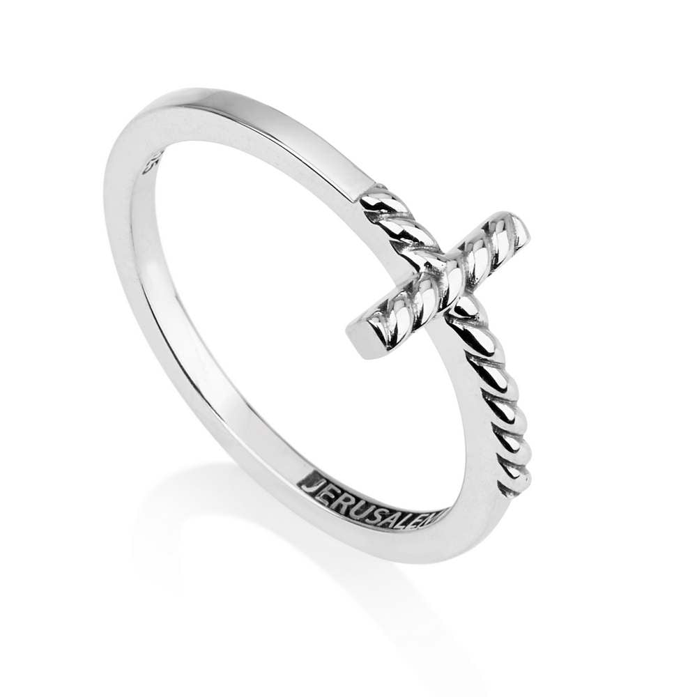 Jerusalem rope-texture twisted cross ring in 925 sterling silver by Marina Jewelry