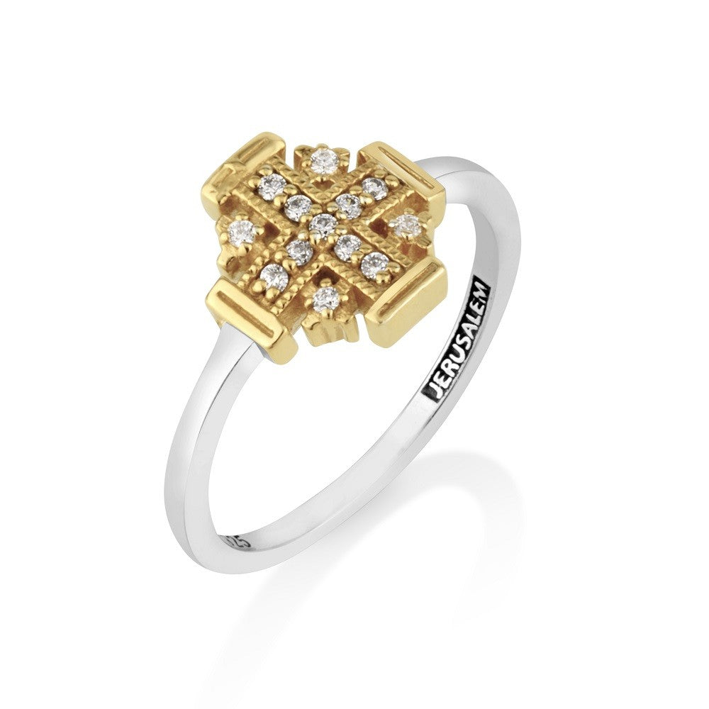 Gold-plated Jerusalem Cross ring with Cubic Zirconia on a slim sterling silver band by Marina Jewelry