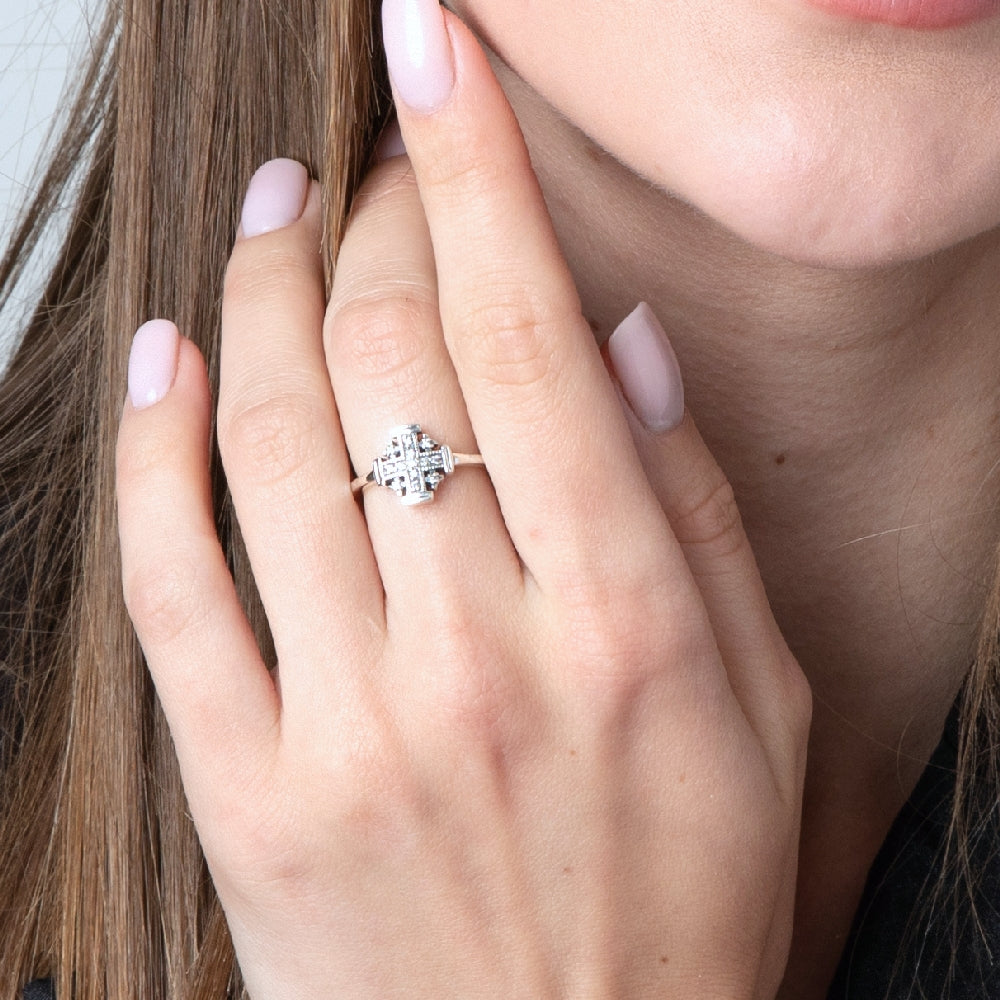 Jerusalem Cross Ring in 925 Sterling Silver with Pave Zircon Stones