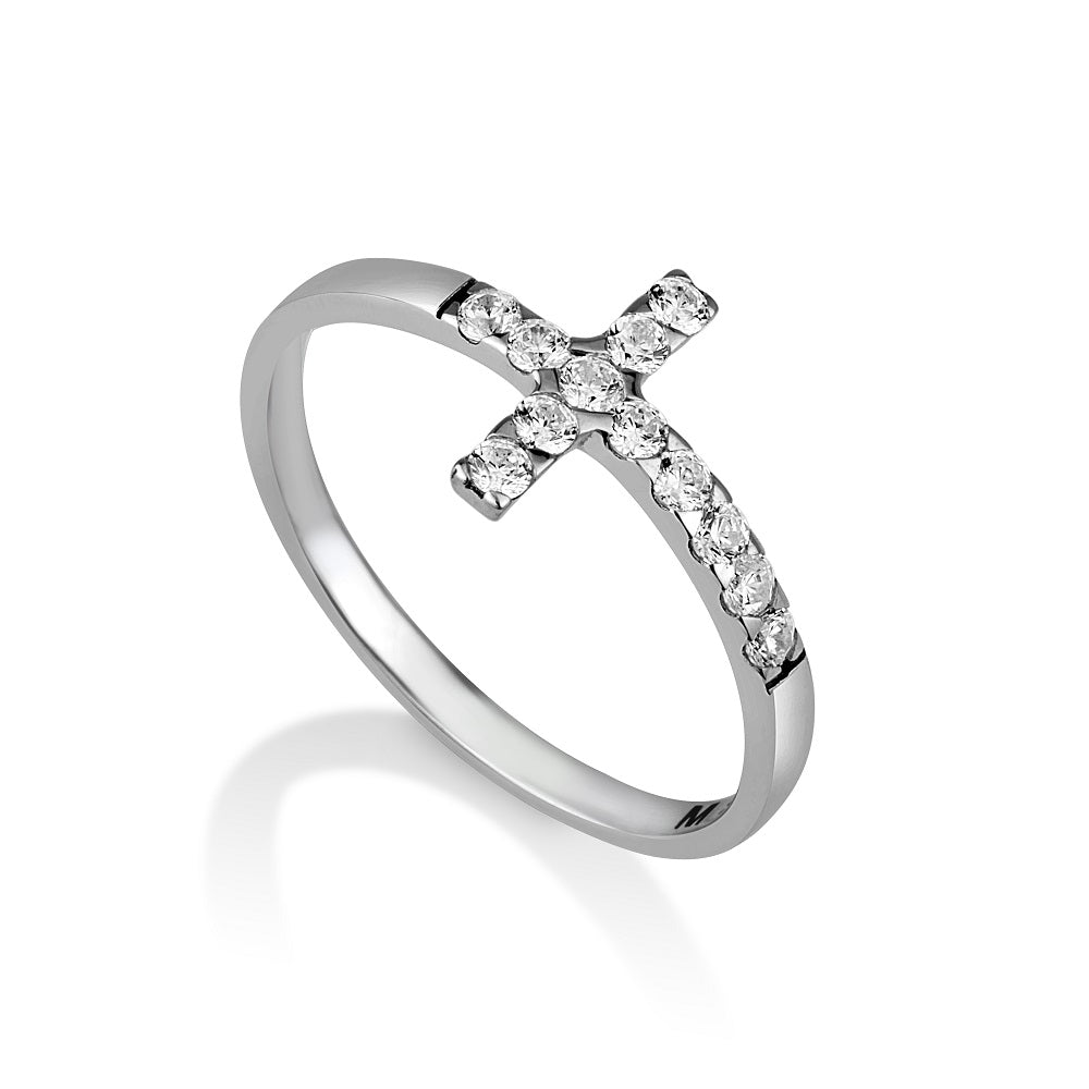 Pavé cross ring with white zircon in 925 sterling silver by Marina Jewelry