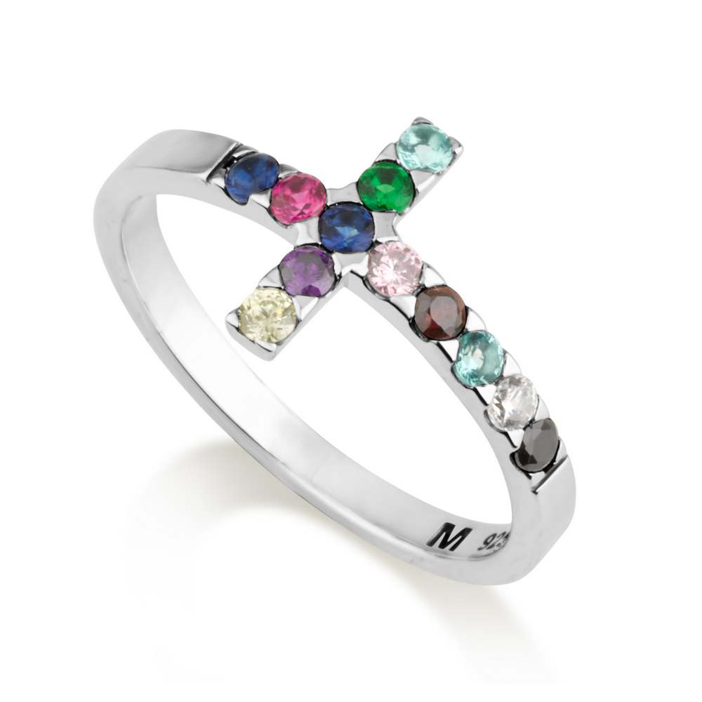 Multi-stone sideways cross ring in 925 sterling silver by Marina Jewelry