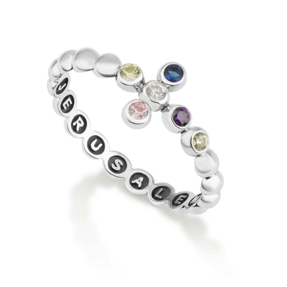 Multi-stone cross rosary band ring in 925 sterling silver by Marina Jewelry