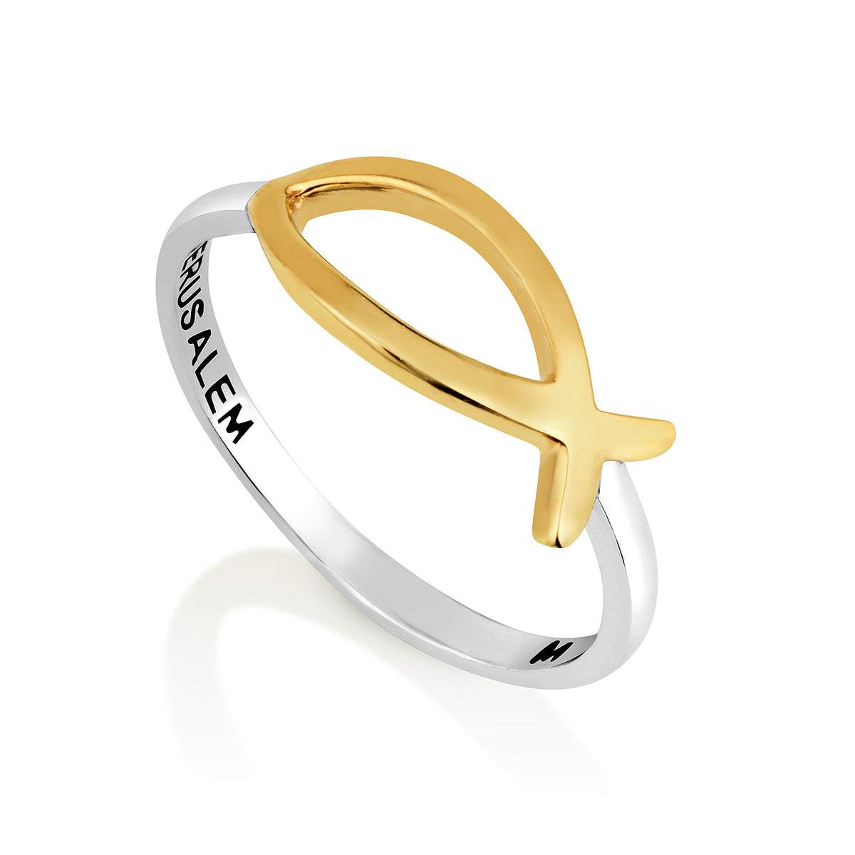Two-tone gold Ichthus fish ring in 925 sterling silver by Marina Jewelry