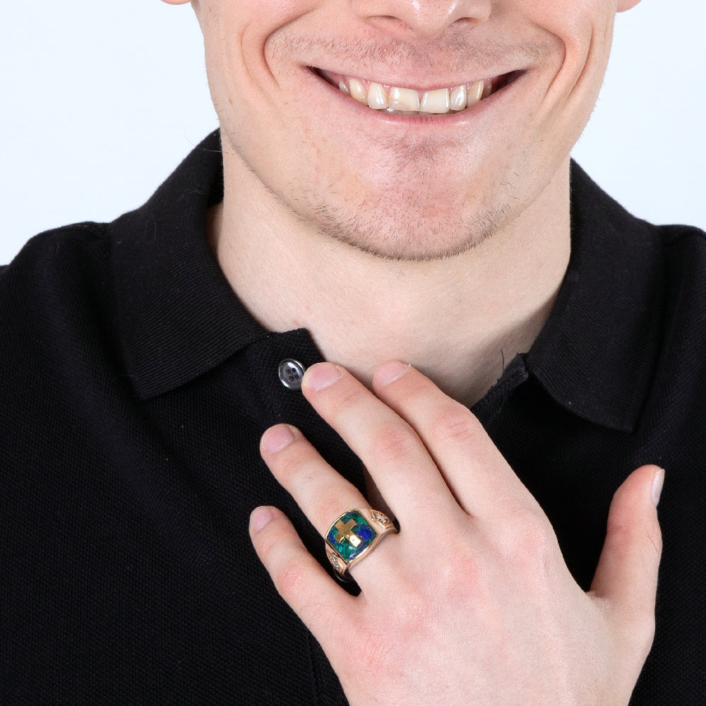 Men's gold-plated Eilat Stone cross signet ring with cross accent in 925 sterling silver by Marina Jewelry