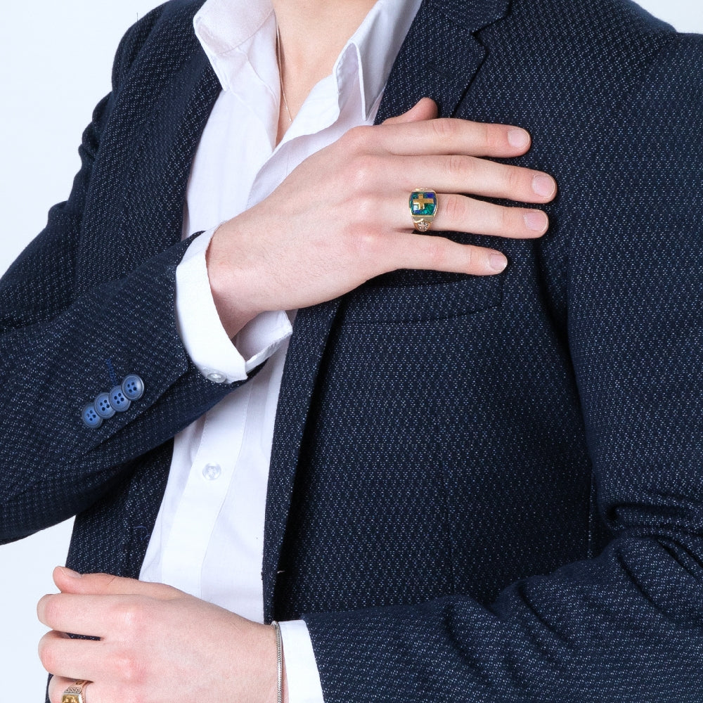 Men's gold-plated Eilat Stone cross signet ring with cross accent in 925 sterling silver by Marina Jewelry