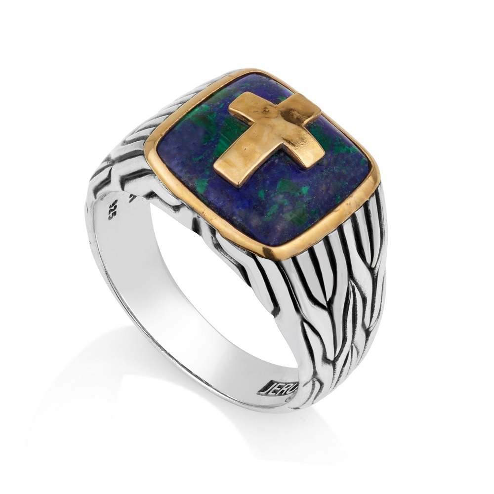 Men's gold-plated rope-texture Eilat Stone cross signet ring in 925 sterling silver by Marina Jewelry