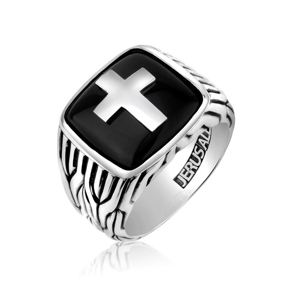 Men's oxidized onyx cross signet ring in 925 sterling silver by Marina Jewelry