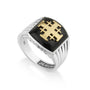 Men's black onyx Jerusalem Cross signet ring with gold-plated cross and ribbed shoulders by Marina Jewelry
