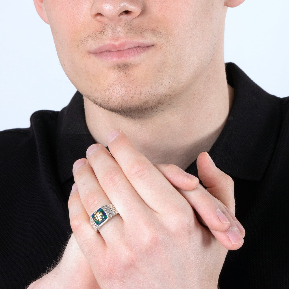 Jerusalem Cross Ring in 925 Sterling Silver with Azurite Stone and Gold-Plated Cross - For Men