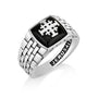 Men's black onyx Jerusalem Cross signet ring with stone-wall band by Marina Jewelry