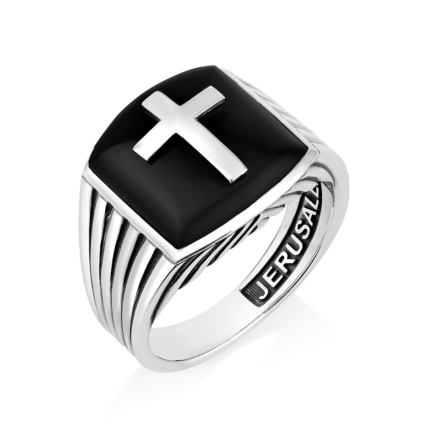 Men's fluted onyx cross signet ring in 925 sterling silver by Marina Jewelry