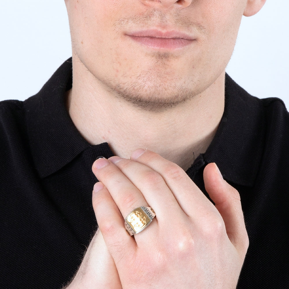 Jerusalem Cross Ring in 925 Sterling Silver with Gold-Plated Cross - For Men