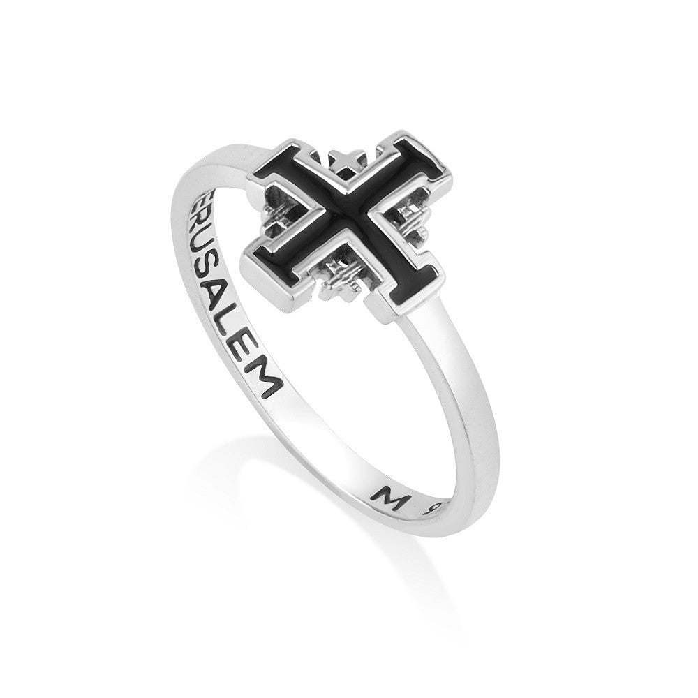 Slim sterling silver ring with black enamel Jerusalem Cross by Marina Jewelry