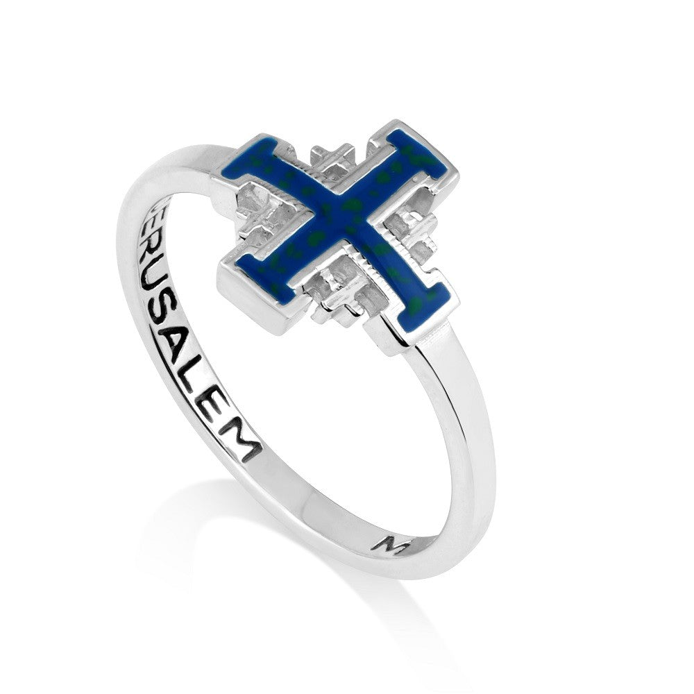 Slim sterling silver ring with blue enamel Jerusalem Cross by Marina Jewelry