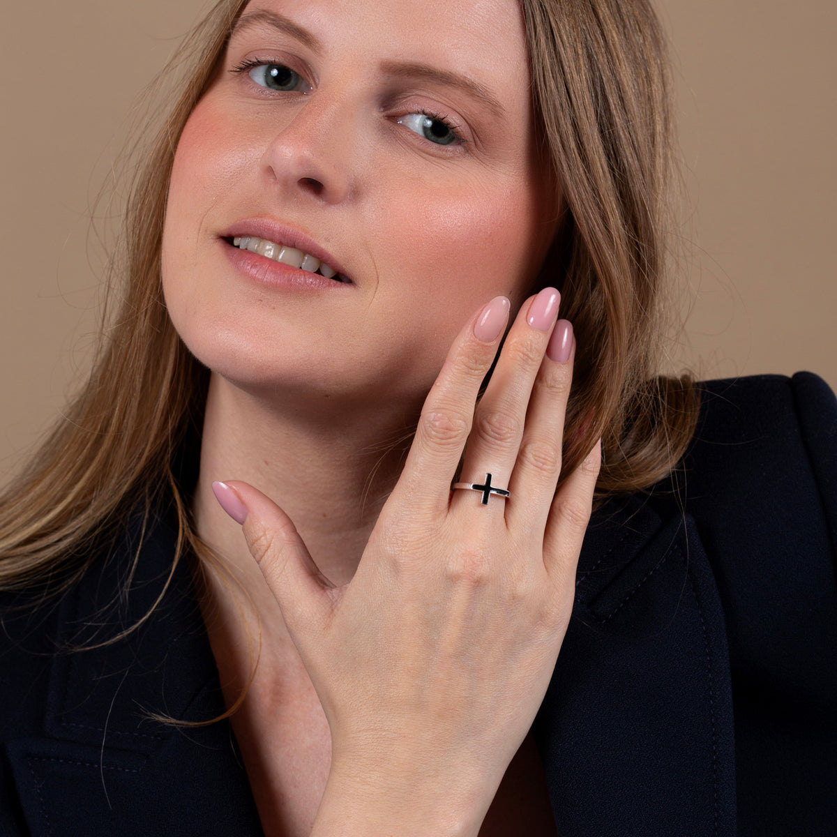 Black enamel sideways cross ring in 925 sterling silver by Marina Jewelry