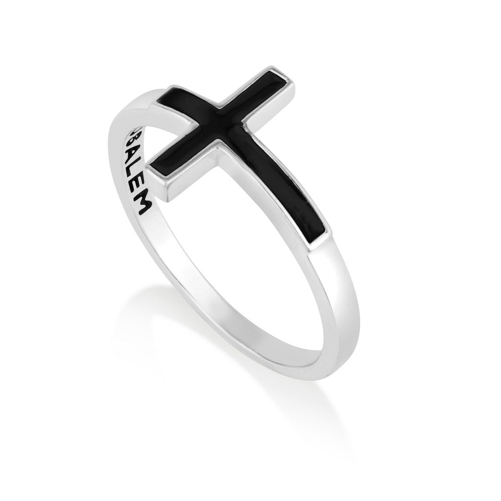 Black enamel sideways cross ring in 925 sterling silver by Marina Jewelry