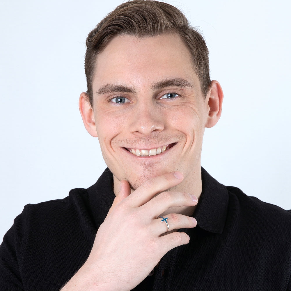 Sideways cross ring with blue-green enamel in 925 sterling silver by Marina Jewelry