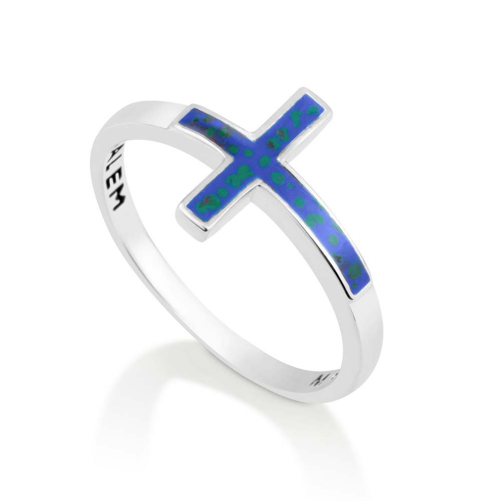 Sideways cross ring with blue-green enamel in 925 sterling silver by Marina Jewelry
