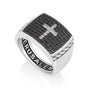 Men's black and white pave cross signet ring in 925 sterling silver by Marina Jewelry