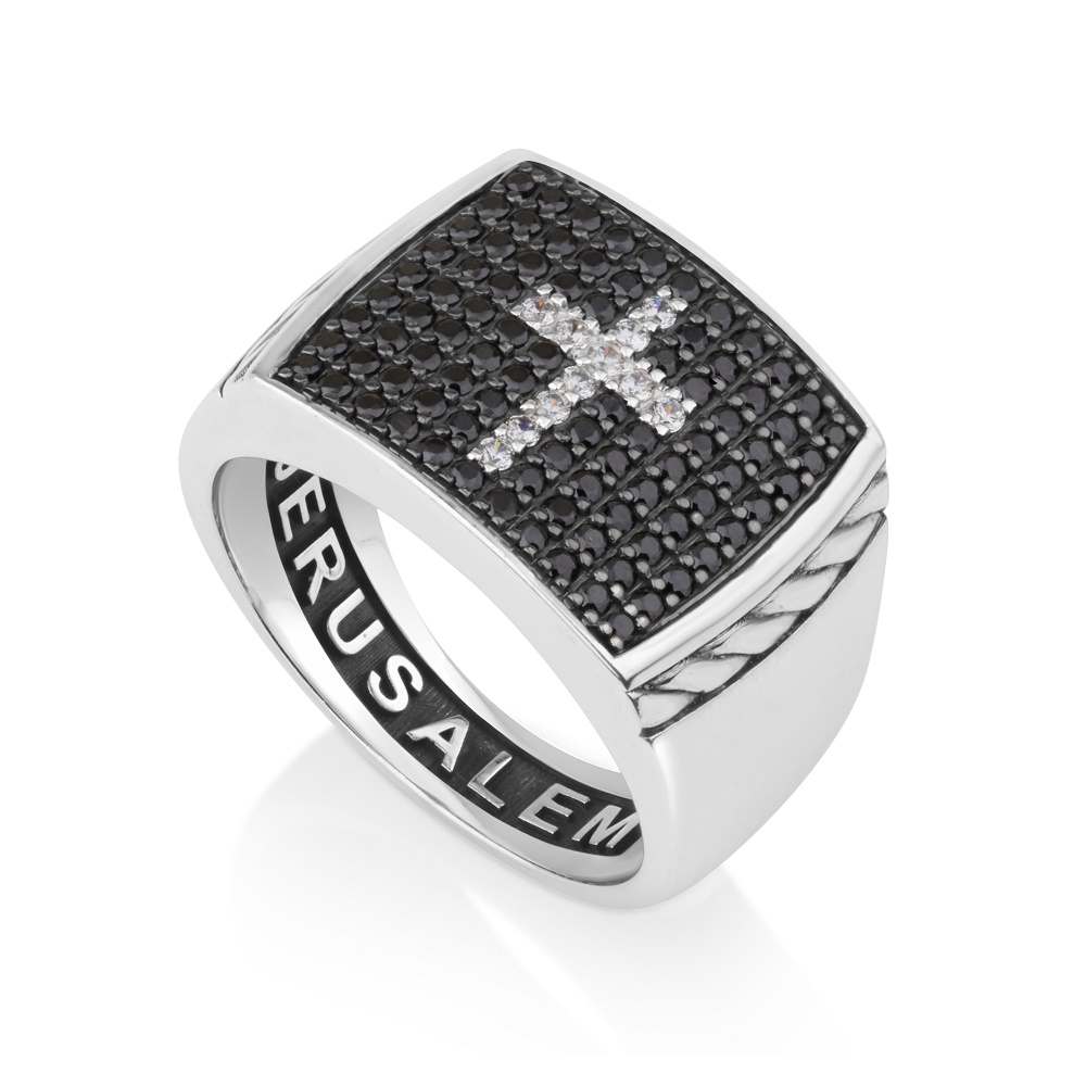Men's black and white pave cross signet ring in 925 sterling silver by Marina Jewelry
