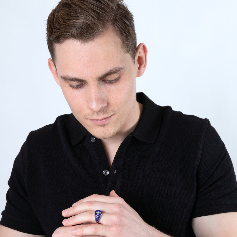 Jerusalem Cross Ring in 925 Sterling Silver with Blue Enamel