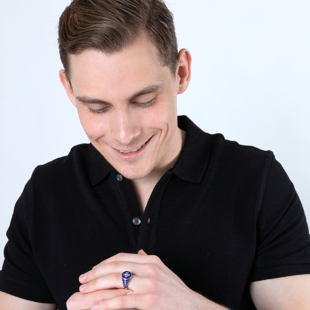 Jerusalem Cross Ring in 925 Sterling Silver with Blue Enamel