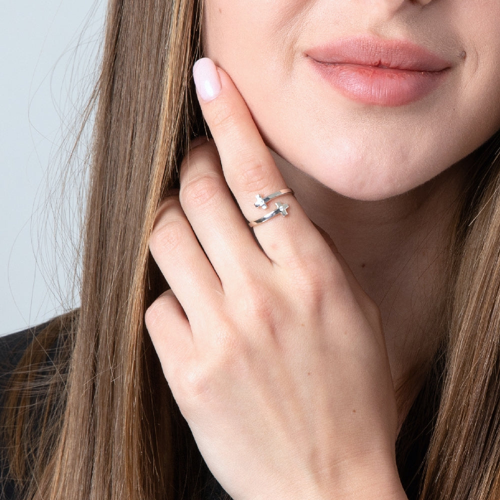 Open cross ring with zircon accents in 925 sterling silver by Marina Jewelry