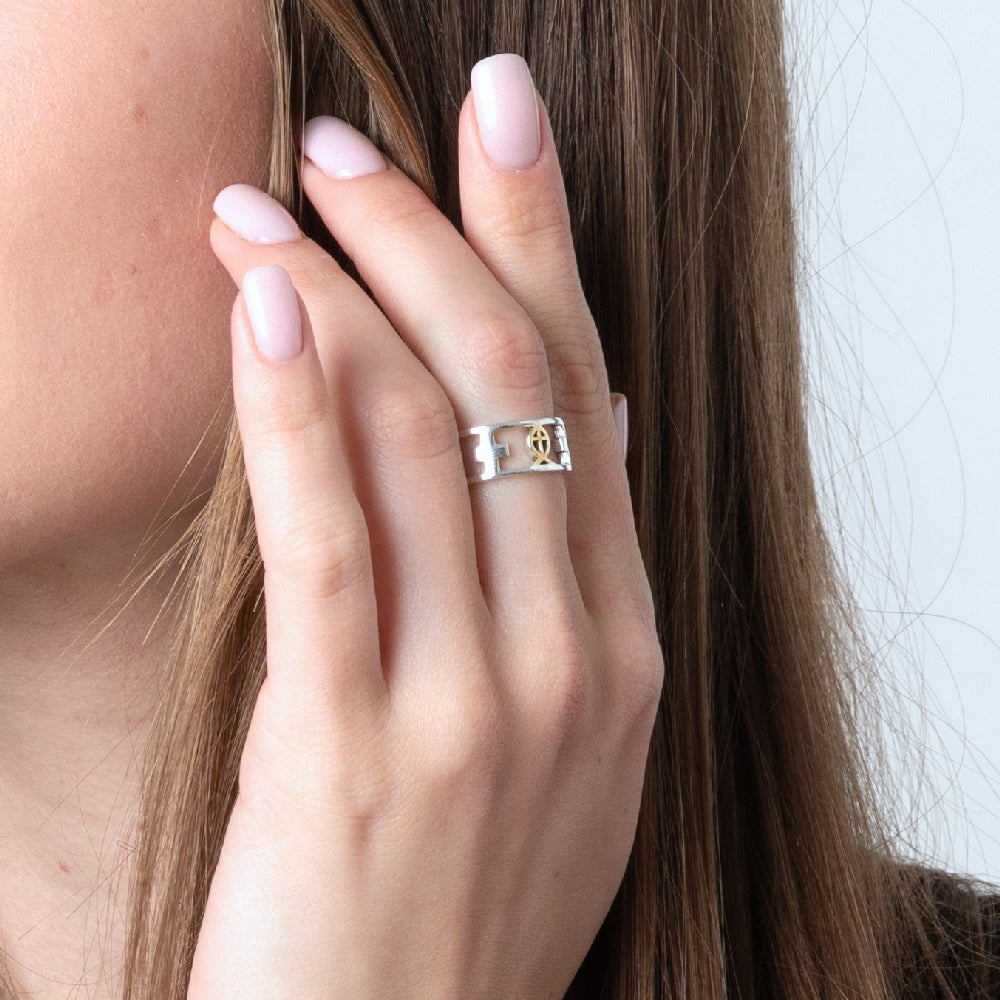Men's fish and cross two-tone ring in 925 sterling silver by Marina Jewelry