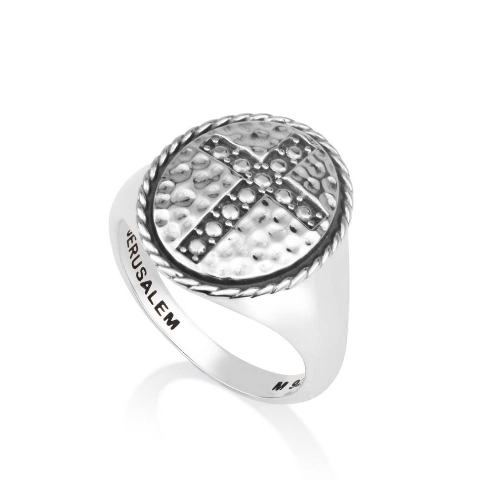 Hammered cross signet ring in 925 sterling silver by Marina Jewelry