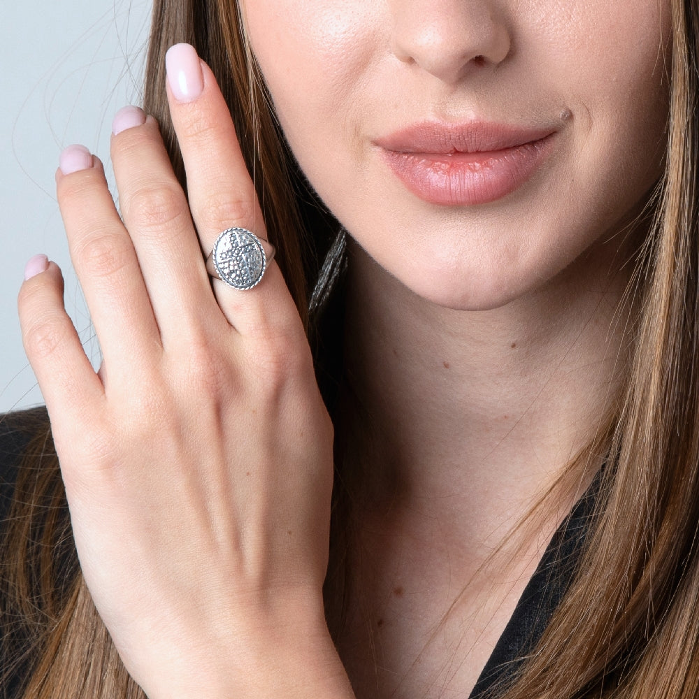 Hammered cross signet ring in 925 sterling silver by Marina Jewelry