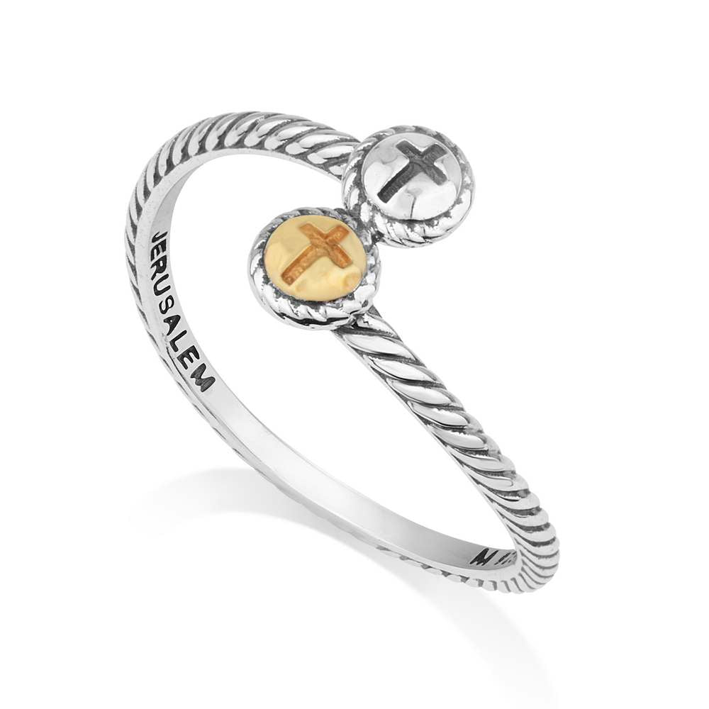 Two-tone twisted cross ring with double medallion in 925 sterling silver by Marina Jewelry