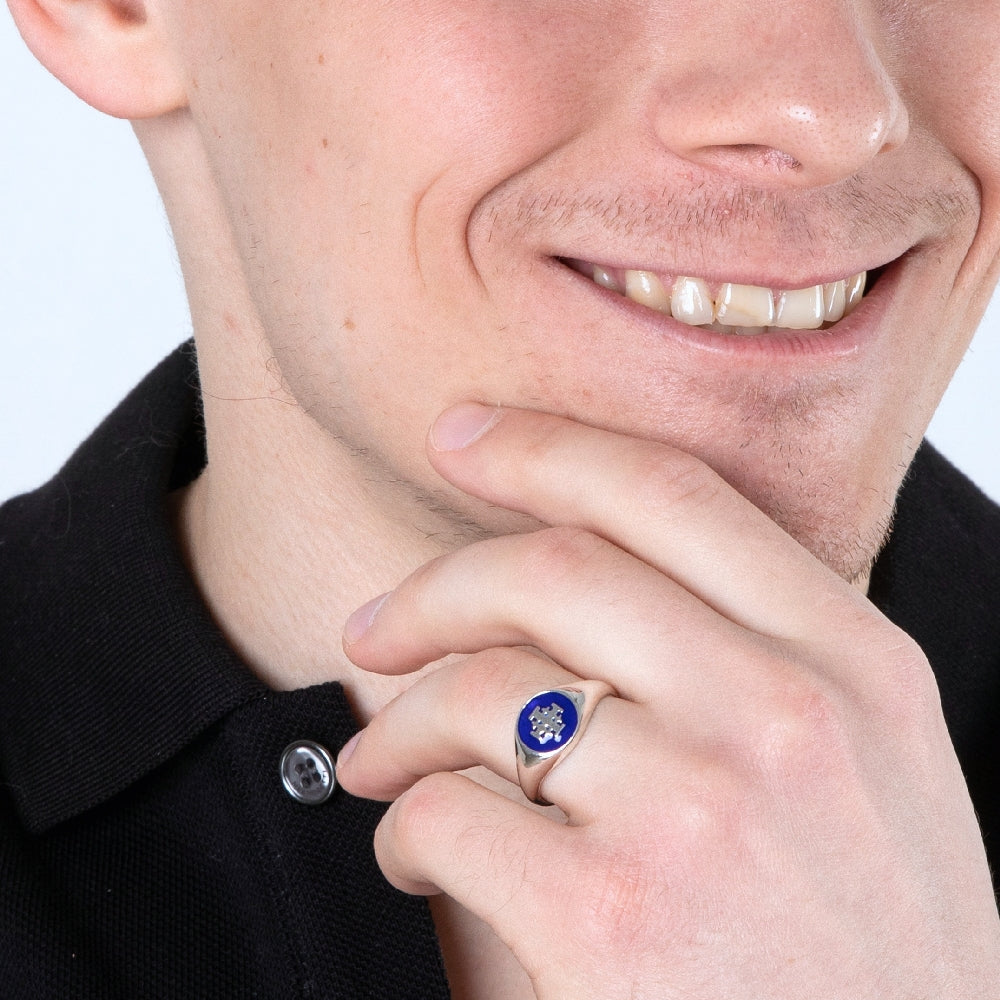 Jerusalem Cross Ring in 925 Sterling Silver with Blue Enamel and Pave Zircon Stones